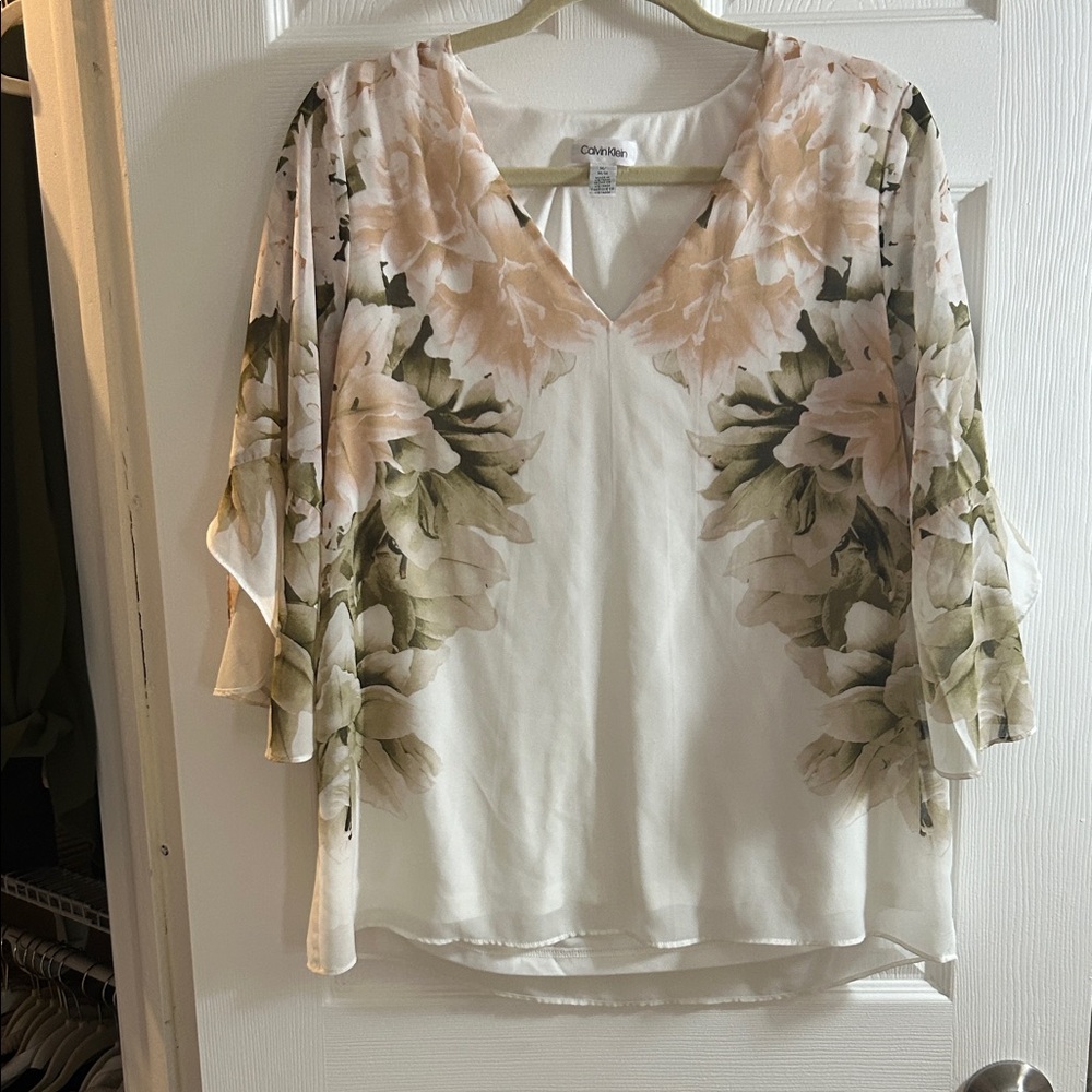 Calvin Klein V-Neck Floral Blouse - Cream and Green